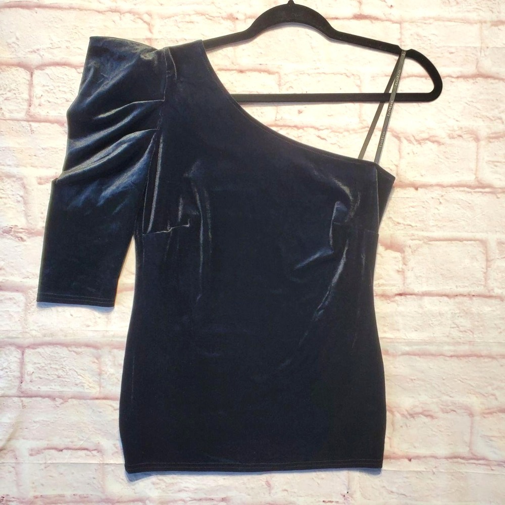 Bebe Black Velvet One Shoulder Top Puff Sleeve Whimsigoth Dark Academia Sz M